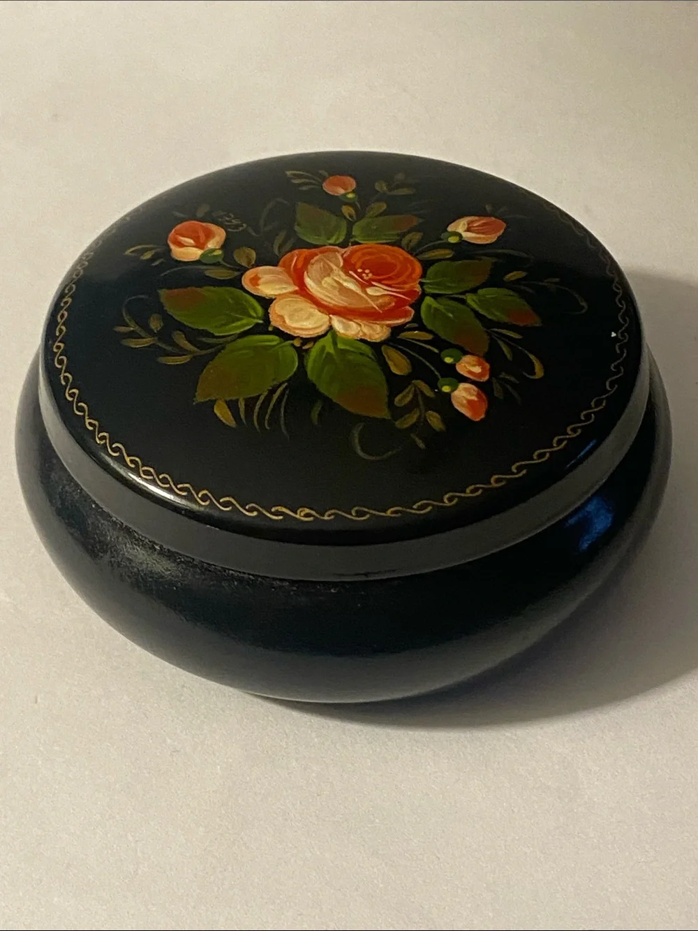 Vintage Russian Hand Painted Black Metal Tin Small Jewelry Trinket Box Floral